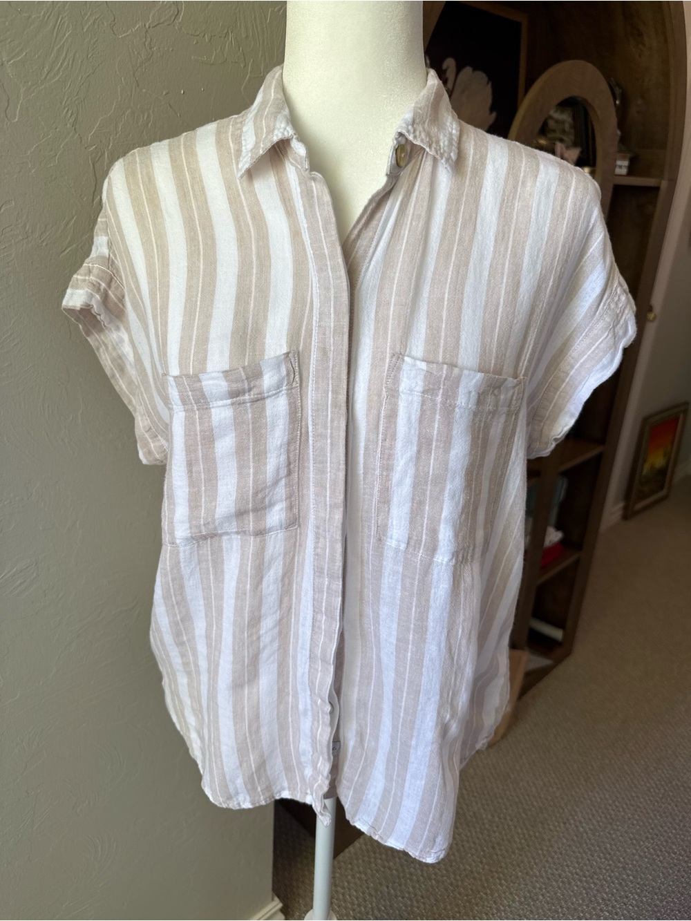 Rails Cito Shore Stripe Linen Blend Button Down Shirt Small Beige White